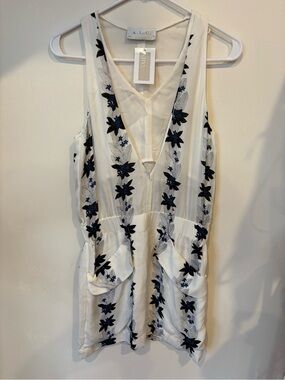 NWT A.L.C. White Silk Sleeveless Mini Romper with Navy Floral Embroidery